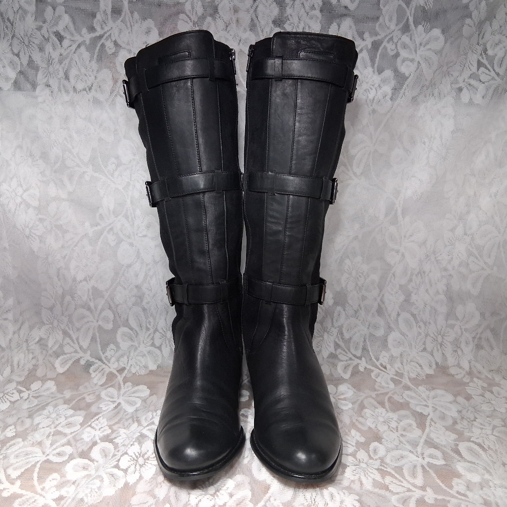 Jildor Black Leather Boots Microsuede Buckle Accent Side Zipper Riding Boots 7M